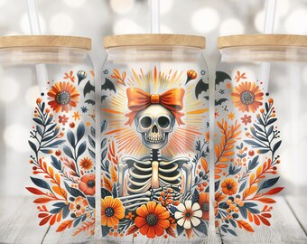 Halloween Skull 16oz Glass Can Wrap Png, Seamless Sublimation Design, 16oz Glass Cup Png, Spooky Season PNG, Floral Skeleton Jar Tumbler PNG