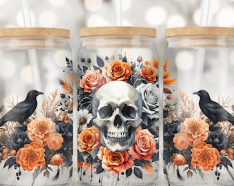 Halloween Skull 16oz Glass Can Wrap Png, Seamless Sublimation Design, 16oz Glass Cup Png, Spooky Season PNG, Floral Skeleton Jar Tumbler PNG