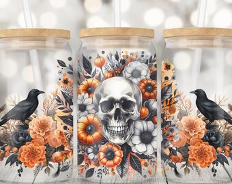 Halloween Skull 16oz Glass Can Wrap Png, Seamless Sublimation Design, 16oz Glass Cup Png, Spooky Season PNG, Floral Skeleton Jar Tumbler PNG