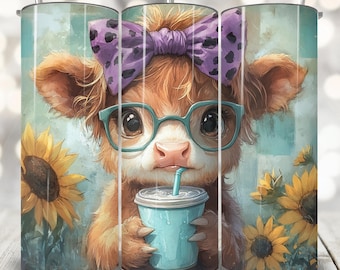 Coquette Bow Highland Cow Tumbler Wrap, 20oz Sublimation Tumbler PNG, Cute Baby Highland Cow Digital PNG, Fall Highland Cow Coffee Lover PNG