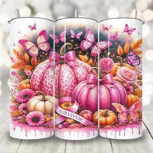 Pink Pumpkin Ribbon Awareness Breast Cancer Survivor Tumbler Wrap, 20 oz Skinny Tumbler Sublimation Design, Fall Digital Download PNG