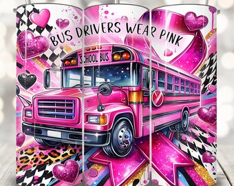 Bus Driver Breast Cancer Tumbler Wrap, 20 oz Skinny Tumbler Sublimation, Pink Cancer Awareness PNG, School Bus Cancer PNG, Bus Driver Design