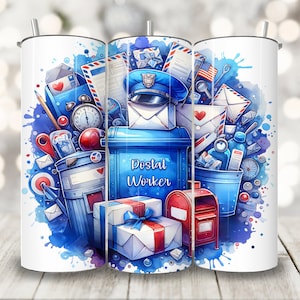 Envoltura para vaso de trabajador postal, diseño de sublimación de vaso delgado de 20 oz, lindo collage de sellos de cartas de cartero, descarga digital instantánea PNG