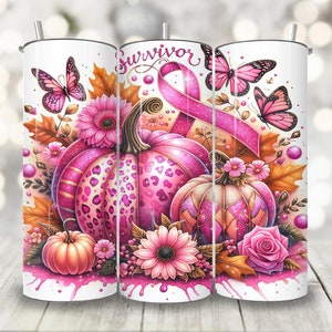 Pink Pumpkin Ribbon Awareness Breast Cancer Survivor Tumbler Wrap, 20 oz Skinny Tumbler Sublimation Design, Fall Digital Download PNG