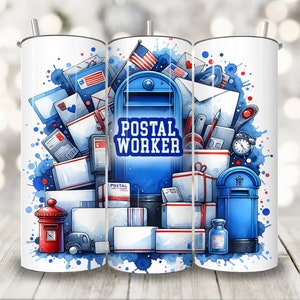 Envoltura para vaso de trabajador postal, diseño de sublimación de vaso delgado de 20 oz, lindo collage de sellos de cartas de cartero, descarga digital instantánea PNG