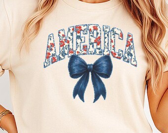 Floral America Png Sublimation Design, America Coquette Bow Png, 4th Of July Png, Girly USA Png, Patriotic Chinoiserie Digital Download