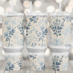 Blue Toile Floral Tumbler Wrap, 40 oz Tumbler Sublimation Design, Grand Millennial Png, Elegant Chinoiserie Cup Wrap, 40oz Rose Wrap Png