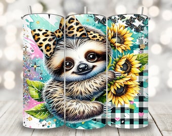 Sunflower Sloth Tumbler Wrap, 20 oz Skinny Tumbler Sublimation Design, Funny Sloth Cup Wrap Png, Summer Floral Animal Tumbler Png Wrap