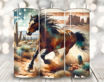 Patriotic Horse Tumbler Wrap, 20 oz Skinny Tumbler Sublimation Design, American Cup Wrap, Boho Desert Horse Lover Png, Western Tumbler Wrap