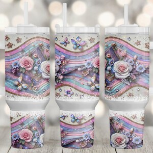 3D Butterfly Tumbler Wrap, 40 oz Tumbler Sublimation Design, Elegant Floral Butterfly Wrap, Glitter Milky Way Galaxy 40oz Tumbler Png