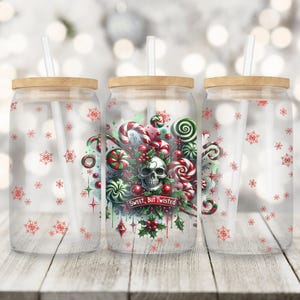 Funny Christmas Skull 16oz Glass Can Wrap, Seamless Sublimation Design, Candy Cane Sweet But Twisted Christmas Cup, Holiday Jar Tumbler PNG