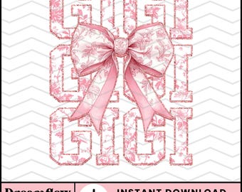 Gigi Grand Millennial Coquette PNG, Preppy Chinoiserie PNG Sublimation Design, Trendy Glitter Pink Toile Du Jouy Gigi Grandma PNG