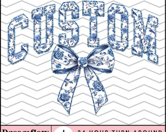 Custom Name Grand Millennial Coquette PNG, Preppy Chinoiserie PNG Sublimation Design, Trendy Glitter Blue Toile Personalized PNG File