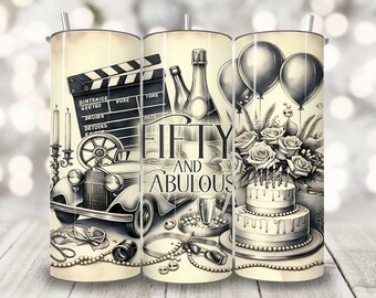 Fifty and Fabulous Tumbler Wrap, 20 oz Skinny Tumbler Sublimation Design, Vintage 50th Birthday Tumbler PNG, Diamond Birthday Design PNG