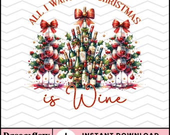 Zabawne świąteczne wino PNG, choinki kokietka PNG, wszystko czego chcę na święta to wino PNG projekt sublimacji na koszulki, kubki, torby płócienne