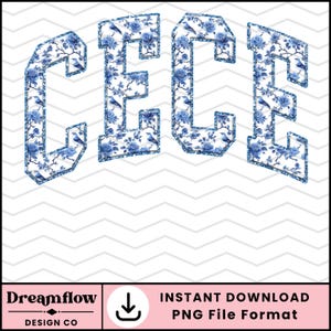 May include: Blue and white floral letters spelling "CECE" with a glittery effect. The letters are in a bold, blocky font.