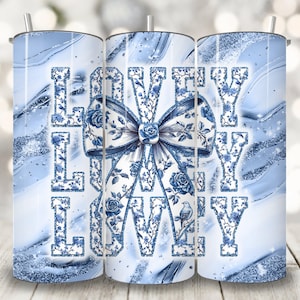 Lovey Grand Millennial Coquette Tumbler Wrap, 20 oz Skinny Tumbler Sublimation Design, Preppy Chinoiserie Glitter Blue Toile Lovey PNG
