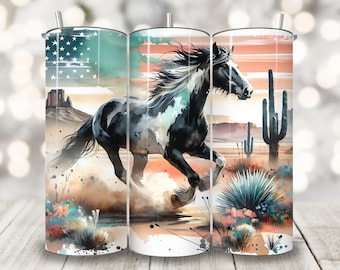 Patriotic Horse Tumbler Wrap, 20 oz Skinny Tumbler Sublimation Design, American Cup Wrap, Boho Desert Horse Lover Png, Western Tumbler Wrap