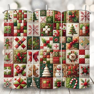 May include: Three stainless steel insulated tumblers with a festive Christmas patchwork design. The design features squares with Christmas trees, snowflakes, and other holiday motifs in red, green, and white. Each tumbler has a silver straw.