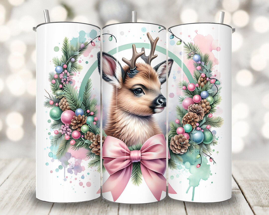Pink Christmas Wreath Reindeer Tumbler Wrap, 20 Oz Skinny Tumbler ...