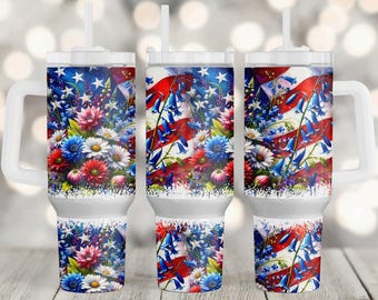 Floral American Flag 40oz Tumbler Wrap Sublimation Design, 4th of July Sunflower Tumbler Wrap Png, Patriotic Tumbler Wrap, USA Flag Tumbler