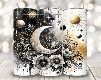 Gold and Black Celestial Tumbler Wrap, 20 oz Skinny Tumbler Sublimation Design, Moon and Stars Tumbler Wrap, Floral Celestial Wrap Png