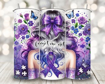 Alzheimer's Awareness Tumbler Wrap, 20 oz Skinny Tumbler Sublimation Design, Forget Me Not Alzheimer's Disease Warrior Digital PNG File