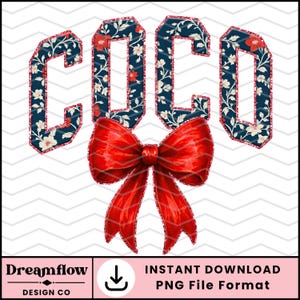 May include: A digital design with the name "COCO" in a navy blue floral pattern with red accents, outlined in glitter. A large red bow is centered below the text. The design includes the text "INSTANT DOWNLOAD PNG File Format".