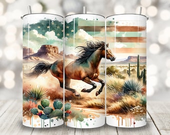Patriotic Horse Tumbler Wrap, 20 oz Skinny Tumbler Sublimation Design, American Cup Wrap, Boho Desert Horse Lover Png, Western Tumbler Wrap