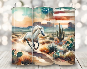 Patriotic Horse Tumbler Wrap, 20 oz Skinny Tumbler Sublimation Design, American Cup Wrap, Boho Desert Horse Lover Png, Western Tumbler Wrap