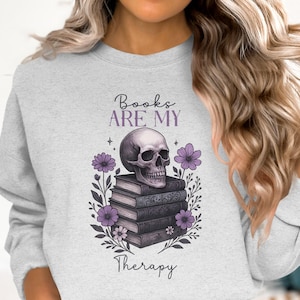 Books are my Therapy PNG Sublimation Design, Flower Book Png, Book Lover Png, Funny Book Png, Romantasy Book Skull BookTok Digital Download
