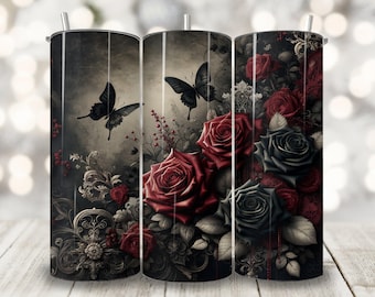 Envoltura para vaso con rosas góticas victorianas, diseño de sublimación para vaso delgado de 20 oz, envoltura para vaso con mariposa de fantasía oscura, vaso floral rojo PNG
