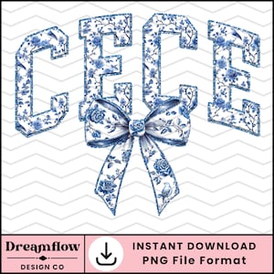 May include: Blue and white floral design with a large bow in the center. The letters "CECE" are in a bold font and are outlined in blue. The letters are also decorated with the same floral design as the bow.