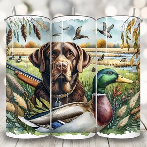Chocolate Lab Duck Hunting Tumbler Wrap, 20 oz Skinny Tumbler Sublimation Design, Hunter Scene Sublimation PNG, Duck Hunting Tumbler PNG
