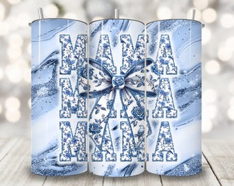 Mama Grand Millennial Coquette Tumbler Wrap, 20 oz Skinny Tumbler Sublimation Design, Preppy Chinoiserie Glitter Blue Toile Mom Mother PNG