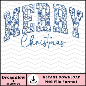 Christmas Grand Millennial Coquette PNG, Preppy Chinoiserie Christmas PNG Sublimation Design, Trendy Glitter Blue Toile Christmas PNG File