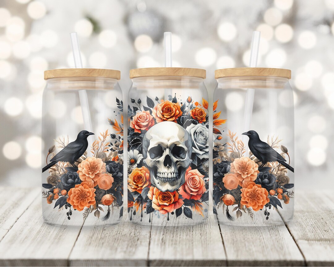 Halloween Skull 16oz Glass Can Wrap Png, Seamless Sublimation Design ...