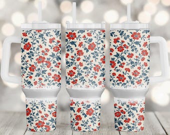 Toile du Jouy Patriotic 40oz Tumbler Wrap Sublimation Design, 4th of July Floral Tumbler Wrap Png, Red White Blue Flowers Seamless Png Wrap