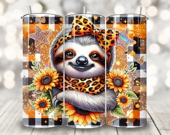 Sunflower Sloth Tumbler Wrap, 20 oz Skinny Tumbler Sublimation Design, Funny Sloth Cup Wrap Png, Summer Floral Animal Tumbler Png Wrap