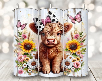 Coquette Highland Cow Tumbler Wrap, 20oz Skinny Tumbler Sublimation Design, Sunflower Baby Cow Tumbler Wrap, Floral Country Tumbler Wrap PNG