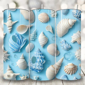 Blue and White Seashell 3D Tumbler Wrap, 20 oz Skinny Tumbler Sublimation Design, Beach Tumbler Wrap, Summer Ocean Tumbler Wrap Png