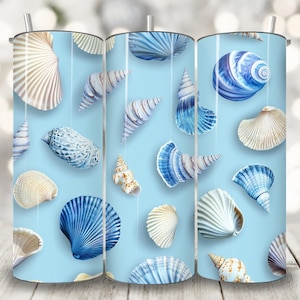 Blue and White Seashell 3D Tumbler Wrap, 20 oz Skinny Tumbler Sublimation Design, Beach Tumbler Wrap, Summer Ocean Tumbler Wrap Png