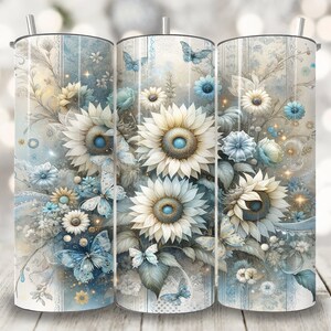 Blue Coquette Sunflower Tumbler Wrap, 20oz Skinny Tumbler Sublimation Design, Grand Millennial Chinoiserie Glitter Blue Toile Cup Wrap Png