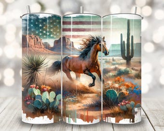 Patriotic Horse Tumbler Wrap, 20 oz Skinny Tumbler Sublimation Design, American Cup Wrap, Boho Desert Horse Lover Png, Western Tumbler Wrap