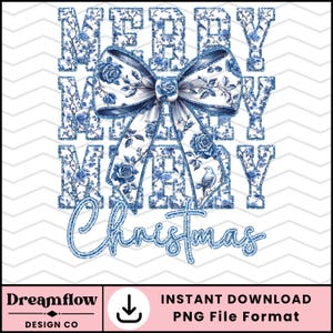 Christmas Grand Millennial Coquette PNG, Preppy Chinoiserie Christmas PNG Sublimation Design, Trendy Glitter Blue Toile Christmas PNG File