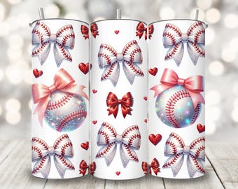 Coquette Bow Baseball Tumbler Wrap, 20 oz Skinny Tumbler Sublimation Design, Baseball Mom Tumbler Wrap, Glitter Baseball Mama Cup Wrap PNG
