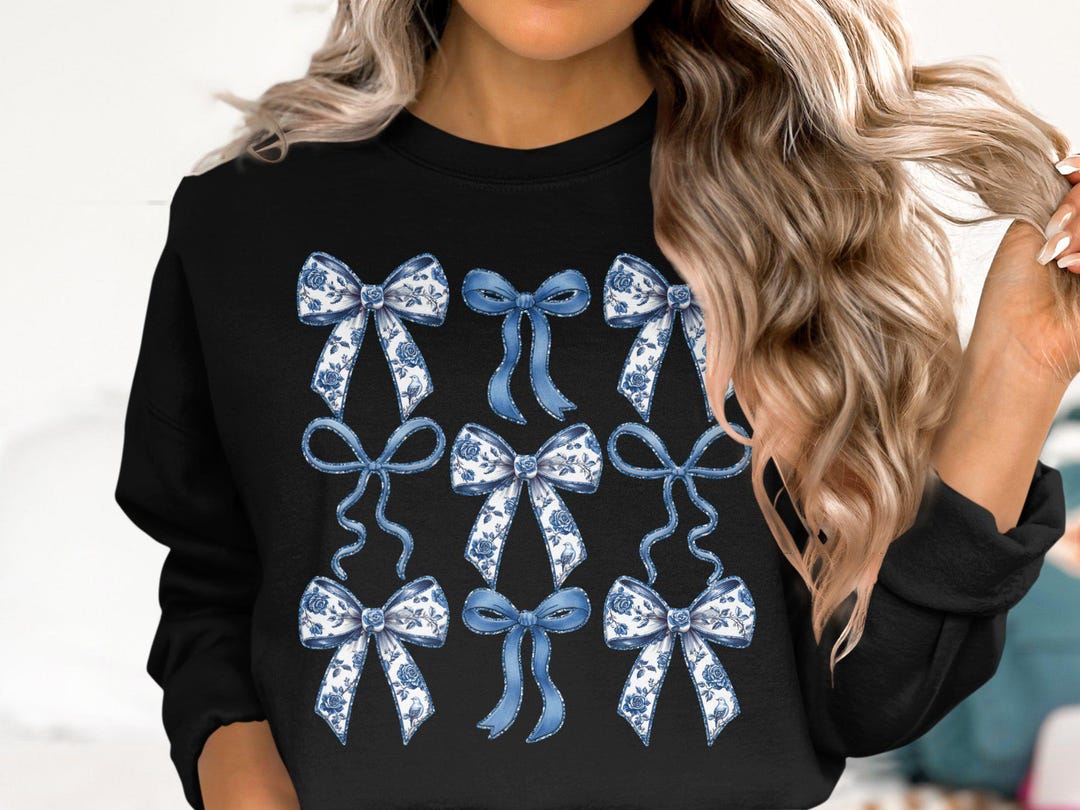 Blue Toile Coquette Bow PNG Sublimation Design, Vintage Floral Bows Png ...