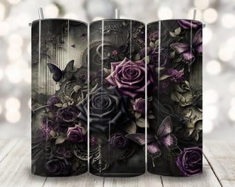 Envoltura para vaso con rosas góticas victorianas, diseño de sublimación para vaso delgado de 20 oz, envoltura para vaso con mariposa de fantasía oscura, vaso floral morado PNG