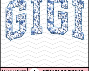 Gigi Grand Millennial Coquette PNG, Preppy Chinoiserie PNG Sublimation Design, Trendy Glitter Blue Toile Grandma PNG File, Cute Gigi Png