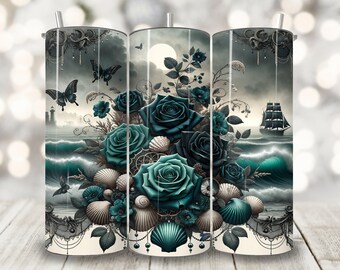 Envoltura para vaso con rosas góticas victorianas, diseño de sublimación para vaso delgado de 20 oz, envoltura floral de fantasía oscura, vaso con imagen de playa y océano (PNG)
